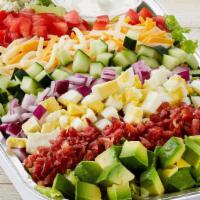 Million Dollar Cobb Party Tray · Mixed greens, carrots, red cabbage, avocado, tomatoes, chopped cage-free egg, bacon, blue ch...