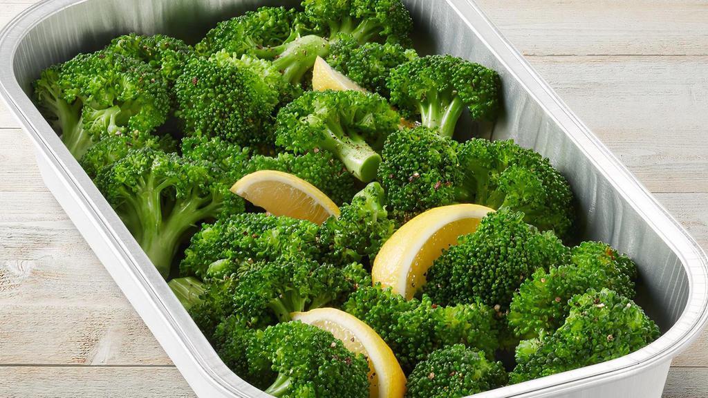 Lemon Garlic Broccoli Party Tray · Fresh steamed broccoli with Parmesan Butter and lemon. Serves 2-3.