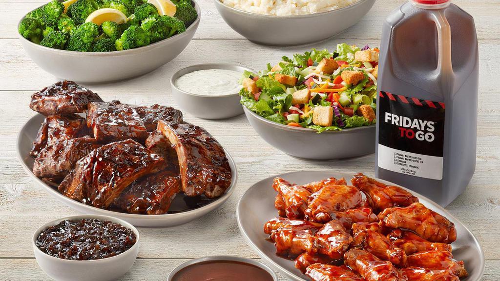 Bones Bundle · Whiskey-Glazed FRIDAYS BIG Ribs, Apple Butter BBQ Traditional Wings, choice of House or Caesar Salad, choice of two sides and choice of half-gallon beverage. Serves 4-6.