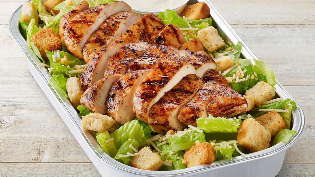 Caesar Salad With Chicken Party Tray · Grilled chicken, romaine, Parmesan-Romano, Caesar dressing, croutons, Parmesan crisps and choice of half-gallon beverage. Serves 4-6.