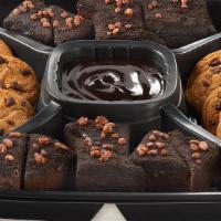Dessert Platter - Large · Fudge Brownies topped with pecans & Chocolate Chip Cookies. Served with chocolate sauce.
