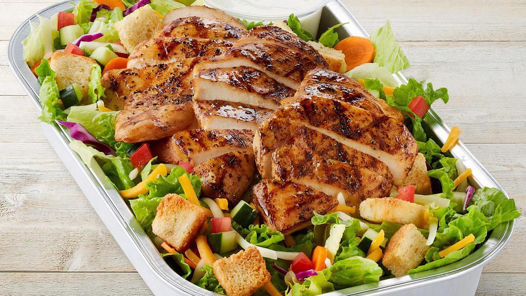 House Salad W/ Chicken Party Tray · Grilled chicken, mixed greens, carrots, red cabbage, tomatoes, red onions, cucumber, mixed cheese, croutons & choice of dressing on the side.