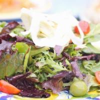 Vesuvio Salad · Organic Mixed Greens, Artichoke Hearts, Cherry Tomatoes, Shaved Fennel & Italian Dressing