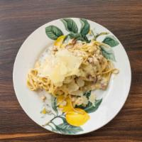 Linguine Carbonara · Spaghettoni with pancetta, Pecorino Romano, egg yolk & cracked black pepper. Add gluten free...