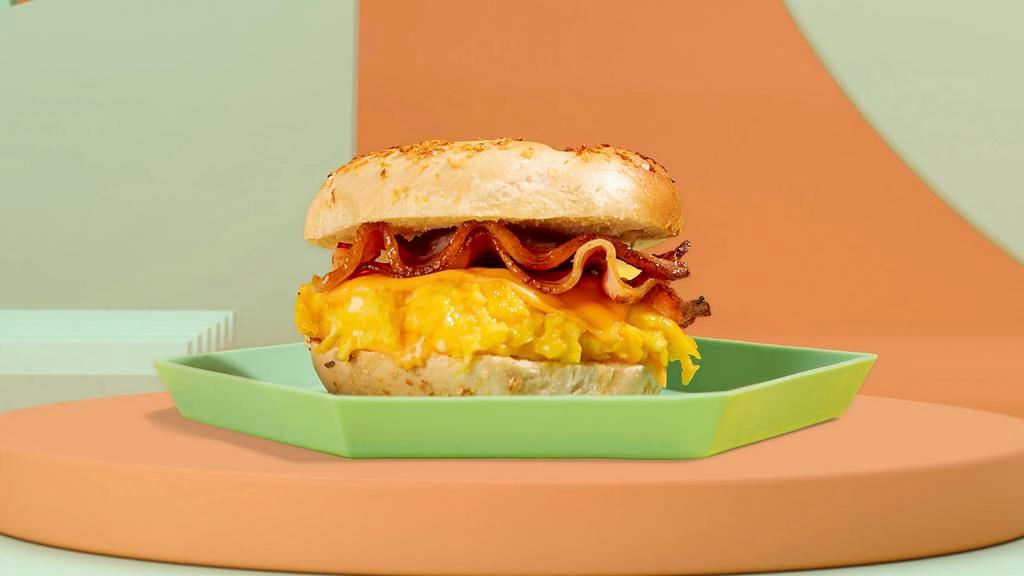 Bacon, Egg And Cheese Bagel · Your choice of bagel, two eggs, crispy bacon and melted cheese.