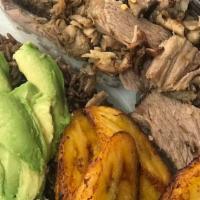 Pernil Roasted Pork Plate · Oven Roasted Pork ,Congri rice and beans with avocado and fried plantains.