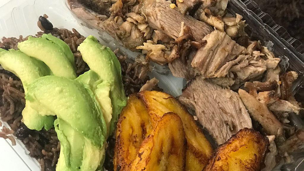 Pernil Roasted Pork Plate · Oven Roasted Pork ,Congri rice and beans with avocado and fried plantains.