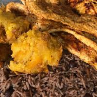 Grilled Chicken Plate · Grilled Chicken , Congri Rice and beans with fried plantains and avocado