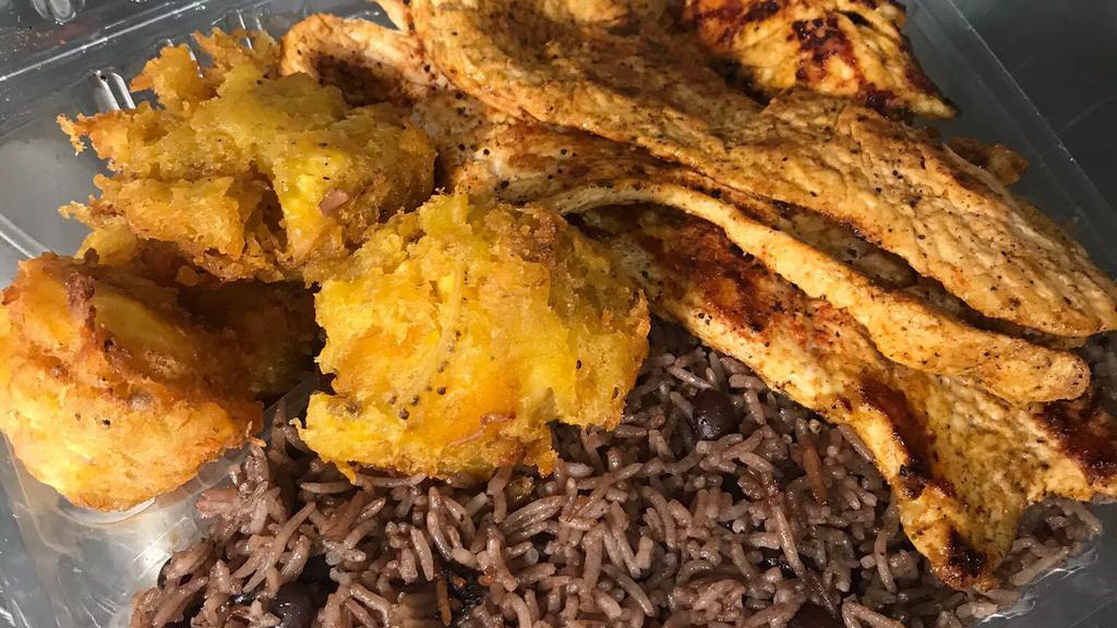 Grilled Chicken Plate · Grilled Chicken , Congri Rice and beans with fried plantains and avocado