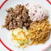 Beef Bulgogi · Japchae, clear noodles, salad with rice.