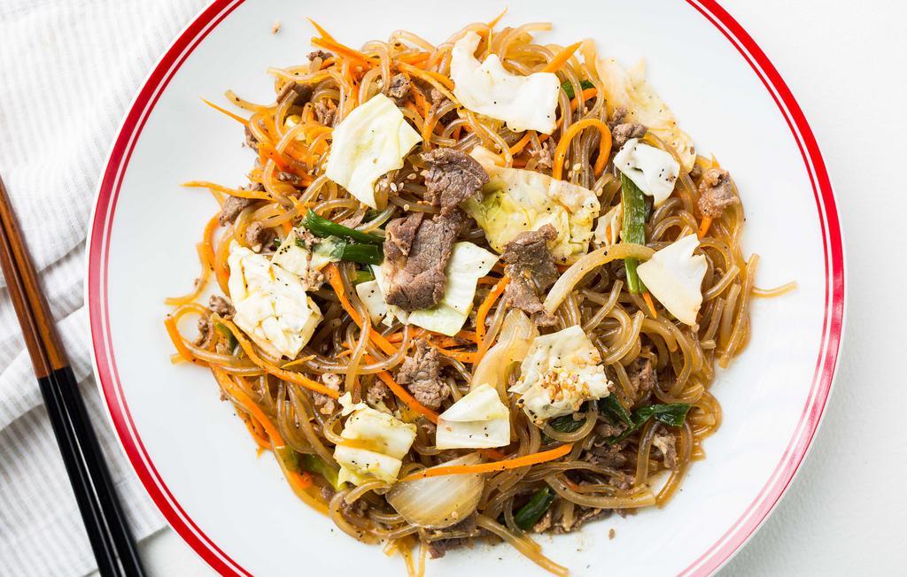 Japchae · Clean noodles stir fried with beef and vegetable.