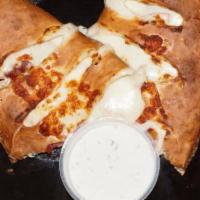 Chicken Bake'N Calzone · Creamy house sauce, chicken, Mozzarella cheese, bacon bits, and green onions. Served with ra...
