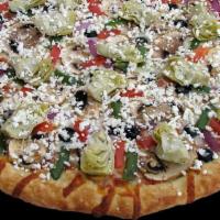 Greek Feta · Vegetarian. Tomato sauce, Mozzarella cheese, mushrooms, olives, tomatoes, bell peppers, red ...