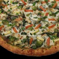 Gourmet Verde · Vegetarian. Pesto sauce, spinach, broccoli, zucchini, bell peppers, garlic, tomatoes, and gr...