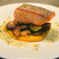 Slow cooked fish of the day · Currently New Zealand king salmon, grilled delta asparagus, spring peas and basil vierge 
Gl...