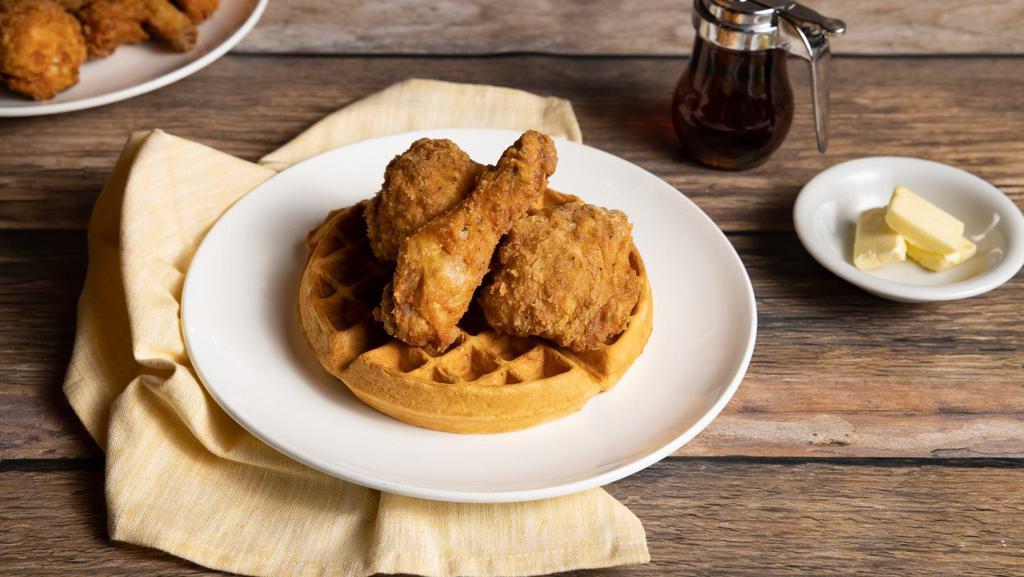 Chicken & Waffle · Mirchi’s favorite. Mirchi’s fried chicken served on top of a crisp Belgium waffle. Served with syrup and hot sauce.