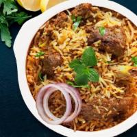 Hyderabadi Goat Biryani (HGB) · Long grain basmati rice flavored with saffron and cooked in a traditional hyderabadi style w...
