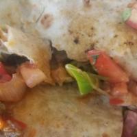 Burrito fajitas Beef · Rice, beans, green bell pepper pico de gallo, sour cream and cheese. chipotle salsa