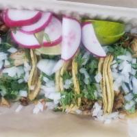 Taco plate chicken  · 4 tacos with cilantro and onions, radishes limes