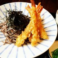Zaru Soba  · New. Chilled buckwheat soba with shrimp Tempura, Tsuyu dipping sauce, seaweed, radish, wasab...