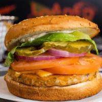 Veggie Burger (1/2 lb) · Beef, lettuce, tomato, onions, pickles, cheese, mayonnaise, and mustard.