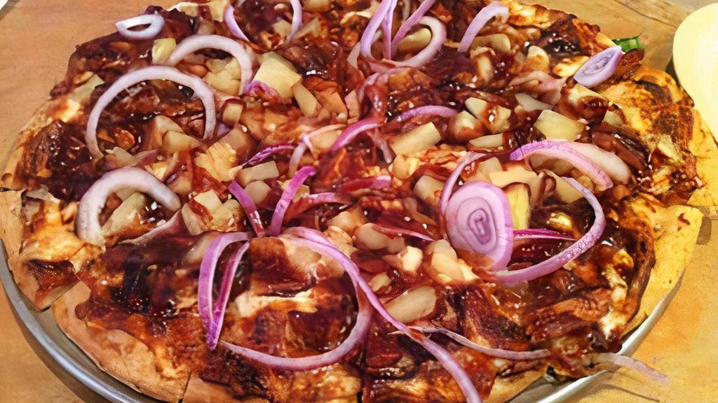 Small BBQ Chicken · White Sauce, BBQ Marinated Chicken, Pineapple, Fresh Red Onion drizzled with BBQ Sauce.