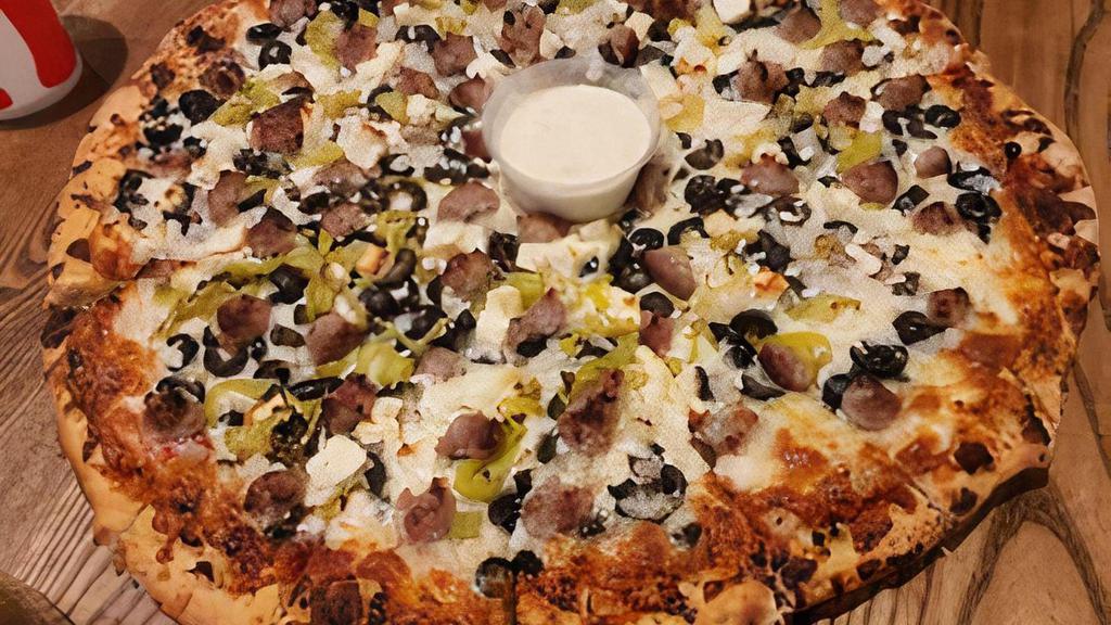 Medium Golden Greek · Red Sauce, Yellow Onion, Black Olive, Pepperoncini Peppers, Feta Cheese and Italian Sausage.