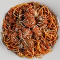 Mom'S Ricotta Meatballs + Spaghetti With Bolognese · house-made beef, veal, pork + ricotta meatballs, romano, spaghetti