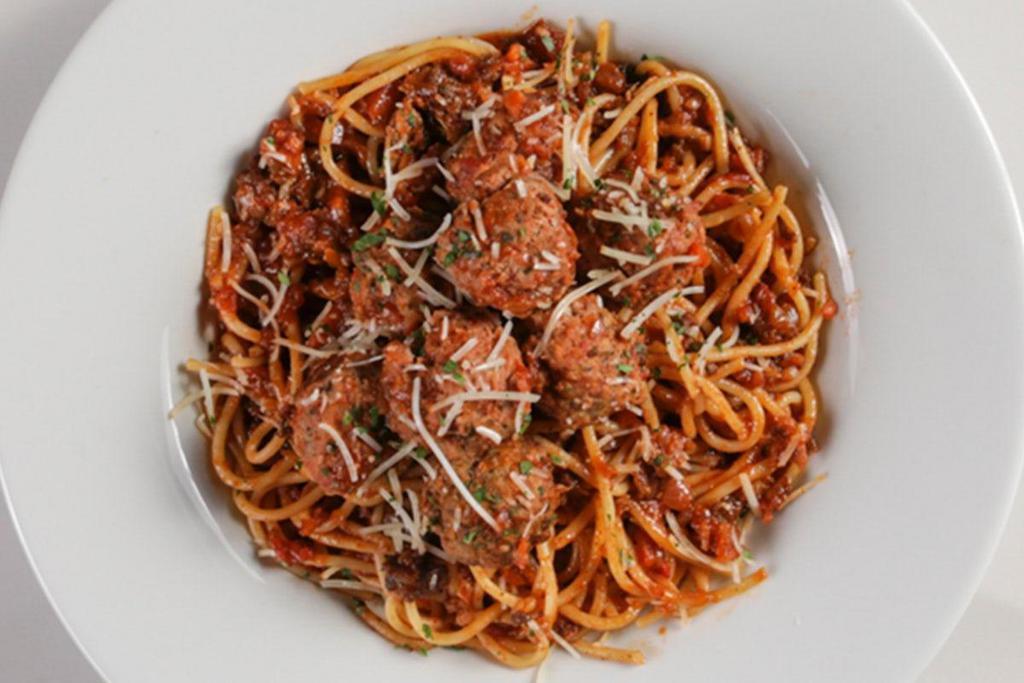 Mom'S Ricotta Meatballs + Spaghetti With Bolognese · house-made beef, veal, pork + ricotta meatballs, romano, spaghetti