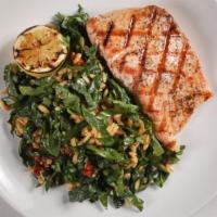 Grilled Salmon · grilled salmon filet, calabrian honey pepper glaze, spinach sun-dried tomato + fresh trofie ...