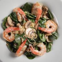 Shrimp Portofino · sauteed jumbo shrimp, capellini, spinach, mushrooms, garlic, pine nuts, lemon butter