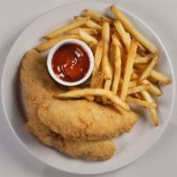 Chicken Strips · served with choice of salad, broccolini or fries