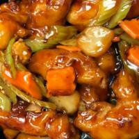 Orange Chicken 陈皮鸡 · Spicy. Sliced chicken with red peppers, baby corn, celery, and water chestnuts in a  special...