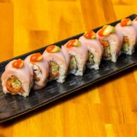 OMG Roll · Spicy tuna, cucumber top with albacore, jalapeño, spicy sauce.