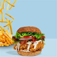 Break The Bacon Sandwich  · Crispy fried chicken, crispy bacon, American cheese, mayo, grilled onions, tomatoes, and pic...