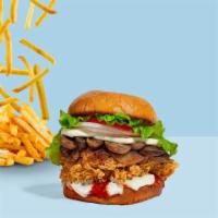 Spill The Shroom Sandwich  · Crispy fried chicken, grilled onions, mushrooms, mozzarella cheese, lettuce, tomato, mayo, a...
