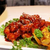 Sesame Chicken · Hot and spicy. Tender slices of chicken fried in a light batter and sauteed with sesame seed...