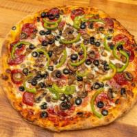 Combination Pizza (Large) · Red sauce, pepperoni, salami, mushrooms, black olives, sausage, ham and bell peppers.