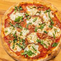 New York Margherita Pizza (Large) · Red sauce, fresh Mozzarella, sliced tomato and fresh basil.