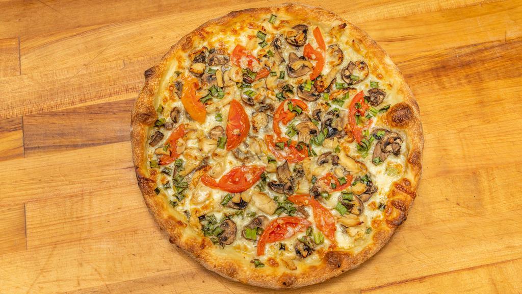 Garlic Chicken Pizza (Medium) · Creamy white garlic sauce, chicken, mushrooms, green, onions, tomato and chopped garlic.