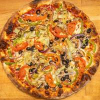 Vegetarian Pizza (X-Large) · Red sauce, mushroom, black olives, bell peppers, tomatoes, garlic, red onions and artichoke ...