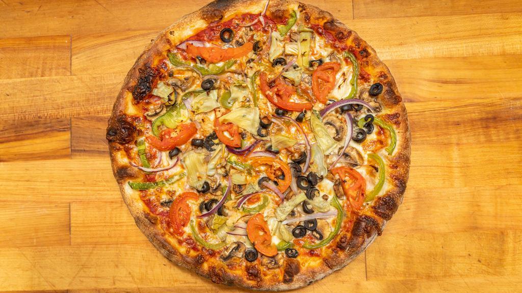 Vegetarian Pizza (Medium) · Red sauce, mushroom, black olives, bell peppers, tomatoes, garlic, red onions and artichoke hearts.