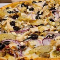 Pesto Chicken Pizza (Medium) · Pesto sauce, chicken, sun-dried tomato, black olive, mushrooms, artichoke, Feta cheese and r...