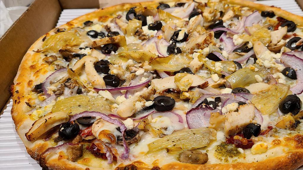 Pesto Chicken Pizza (Medium) · Pesto sauce, chicken, sun-dried tomato, black olive, mushrooms, artichoke, Feta cheese and red onion.