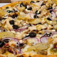 Pesto Chicken Pizza (Large) · Pesto sauce, chicken, sun-dried tomato, black olive, mushrooms, artichoke, Feta cheese and r...