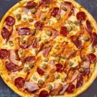Meat Your Lover Pizza · Ham, salami, pepperoni, ground beef, sausage and linguica with six naturally aged California...