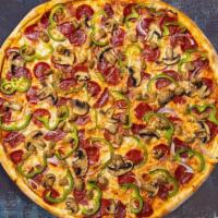 Garlic Aroma Chicken Pizza · Grilled chicken breast, mushrooms, fresh California tomatoes, red and green onions and sprin...