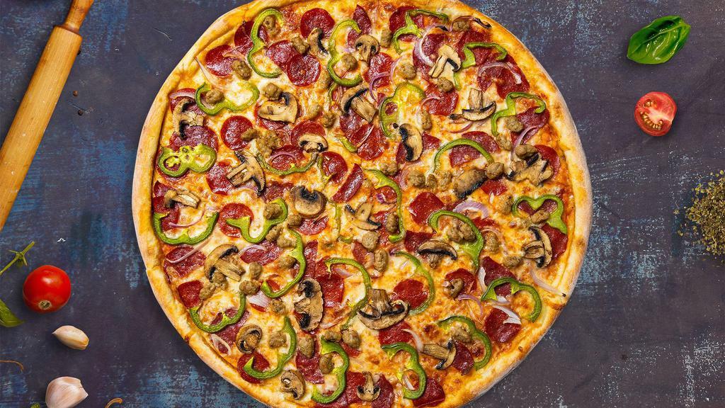 Garlic Aroma Chicken Pizza · Grilled chicken breast, mushrooms, fresh California tomatoes, red and green onions and sprinkled with minced garlic, and six naturally aged California cheeses on top of a flavorful white garlic sauce baked on a hand-tossed dough.