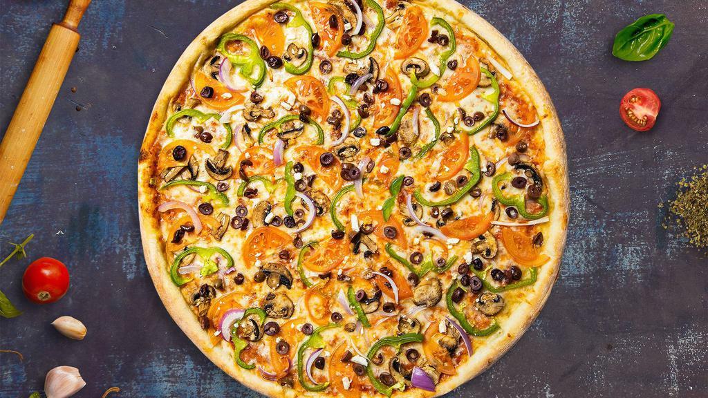 All Veggies Pizza · Fresh California grown tomatoes, crisp bell peppers, red onions, sliced mushrooms, and black olives with naturally aged California cheeses on top of our own specialty vine-ripened tomato sauce baked on a hand-tossed dough.