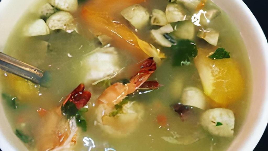 Seafood Soup (Poe Thak Talay) · Spicy seafood soup with prawn, basa fish, scallop, calamari & mussel flavored with lemongrass and ginger. Available in 